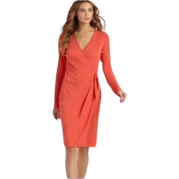 St. John Collection V-Neck Faux Wrap Midi Dress Coral/Orange Size 2 - Picture 1 of 15